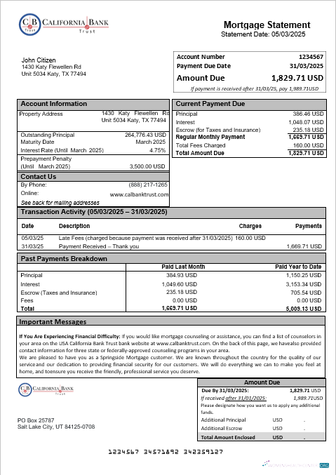Download USA California Bank Trust bank mortgage statement in Word and PDF formats Photoshop template
